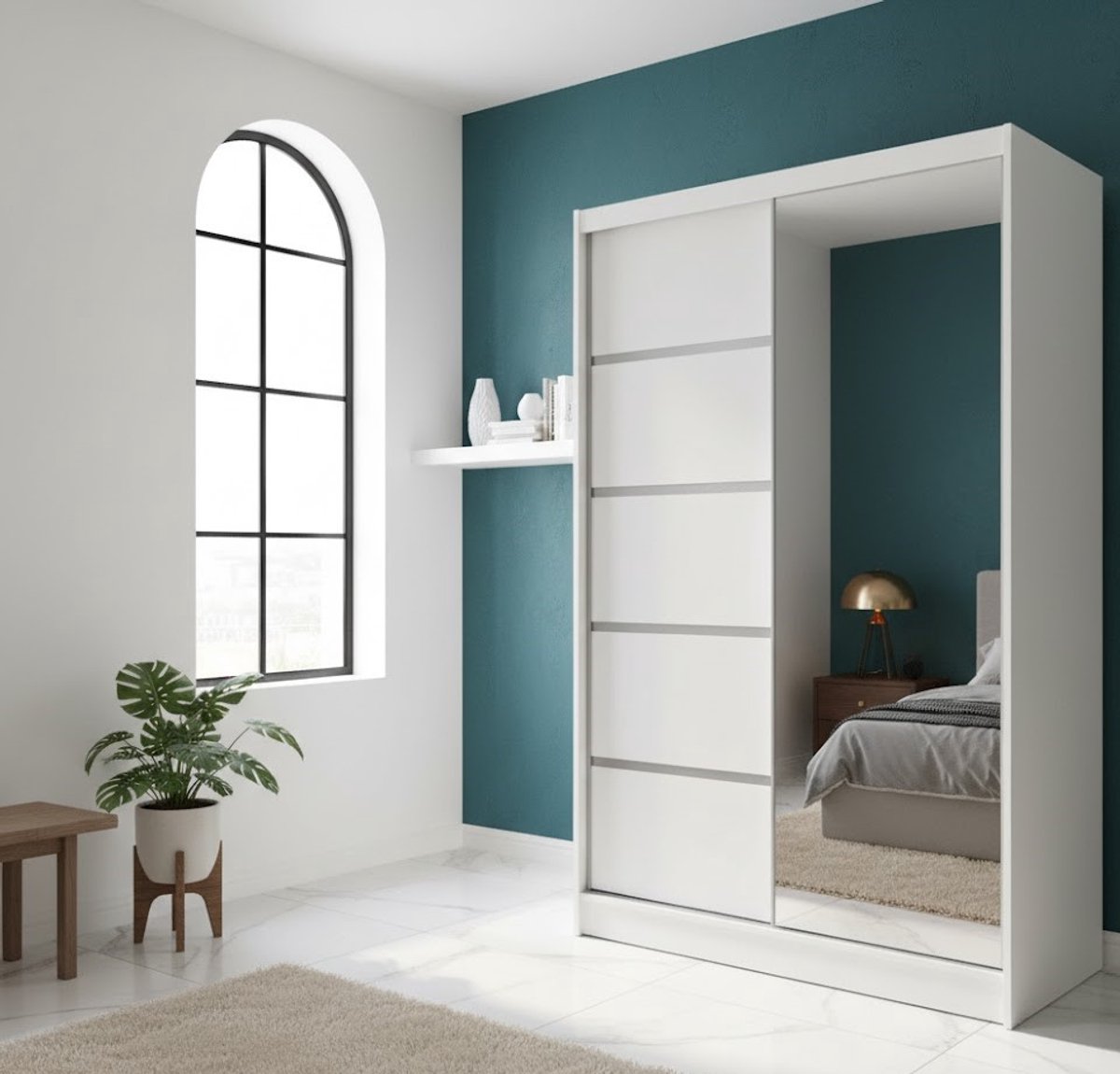 Moderne D3 Schuifdeurkast 100 cm met Spiegel en Opbergruimte – Slaapkamermeubel met Kledingroede en 4 Planken – Wit