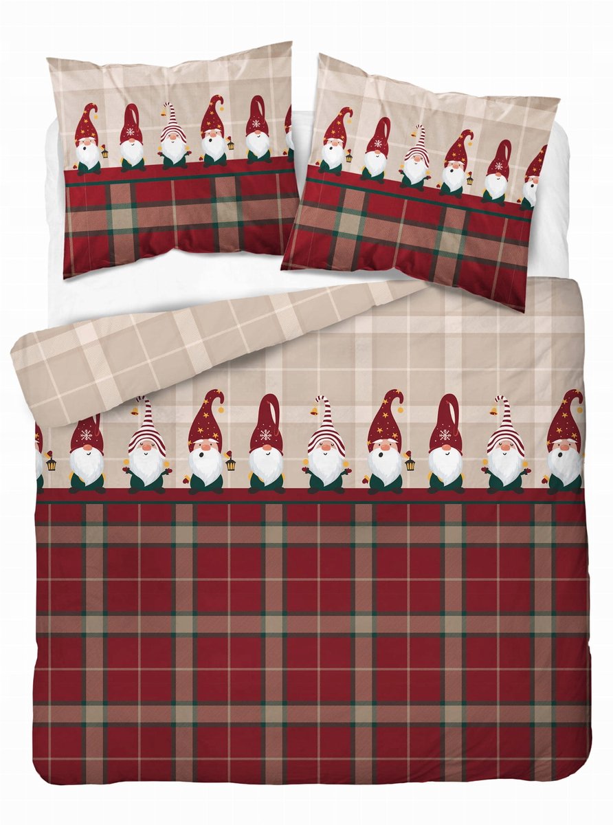 Kerst Dekbedovertrek 220x200cm Rood Geruit Kabouters 100% Katoen