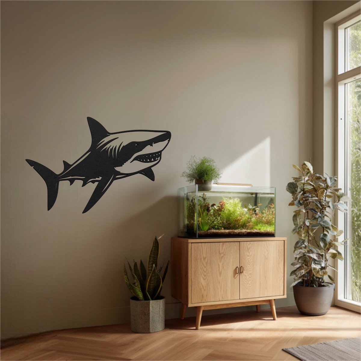 Haai chilling – wanddecoratie – Laser gesneden – zwart mdf – 60x37cm - Moderne Muurdecoratie