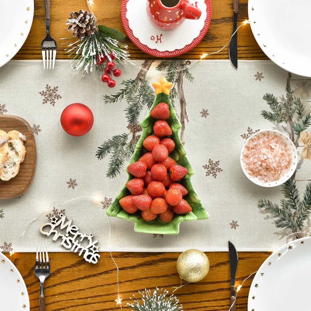 Kerstversiering - Vierkante tafelloper - Bomen - Herten - Bellen - Sneeuwvlok - Kerst Tafelloper - Winter Vrolijk Kerstfeest - Keuken Eetkamer decoraties - Tafeldecoratie - voor Thuis Feestdecoratie - 33X230 cm – foto 3