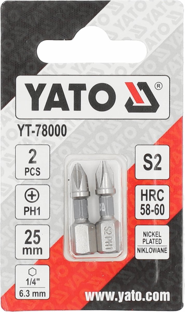 Yato Schroefbits PH1 1/4" 25mm S2 Nikkel 2 Stuks