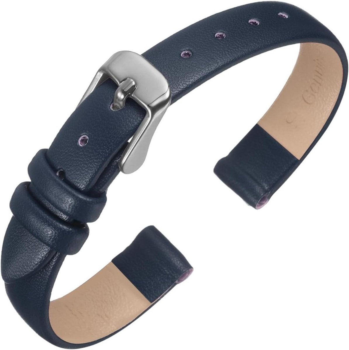 10 mm leren horlogebandje met zilveren roestvrijstalen gesp in donkerblauw