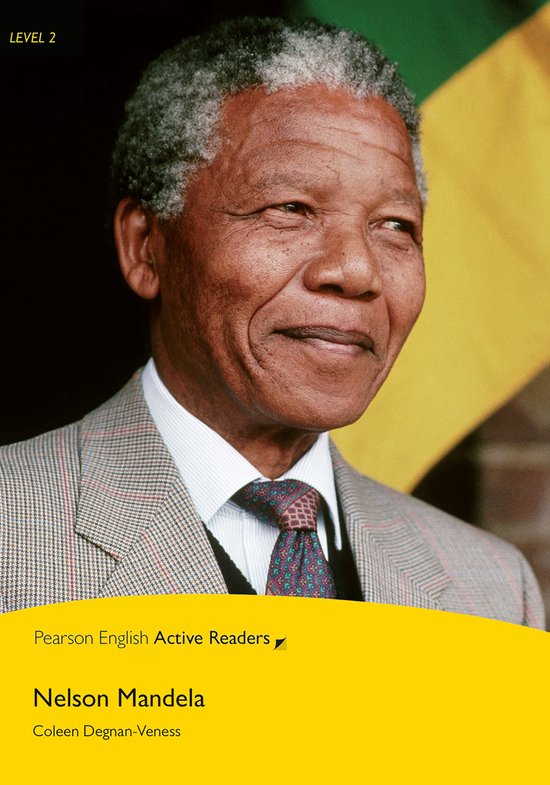 Nelson Mandela, "Pearson English Active Readers - Level 2" op de voorgrond met een gele en groene achtergrond.