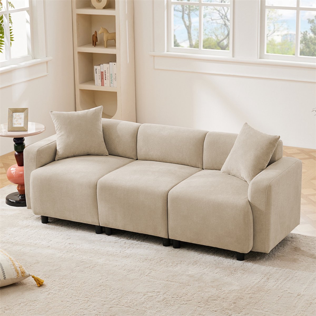 YEHTOKHOME Moderne 3 zits bank - Woonkamerbank - met armleuningen en kussens - Loungesofa voor woonkamer, kantoor of appartement - Chenille-stoff - Beige