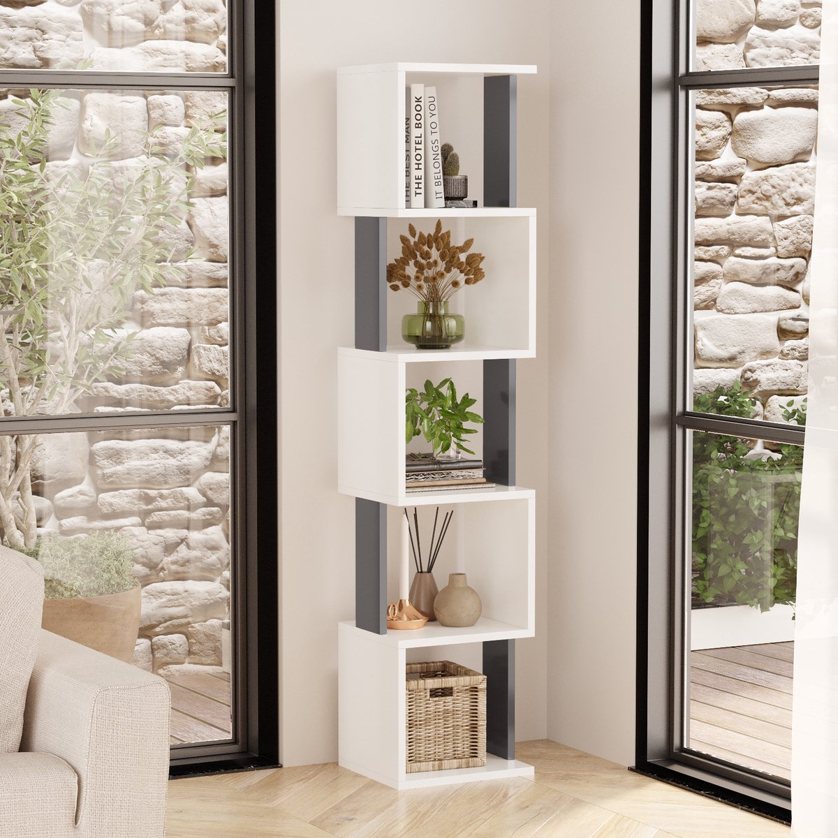 LUNOR® Milan - Boekenkast – Staande kast met 5 open vakken – (HxBxD) 161 × 35 × 30 cm – Wit/Antraciet