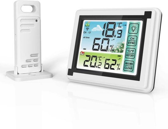 Wit weerstation met losse sensor. Het display toont temperaturen van 18,9 en 20,2 graden, en vochtigheid van 60% en 62%.