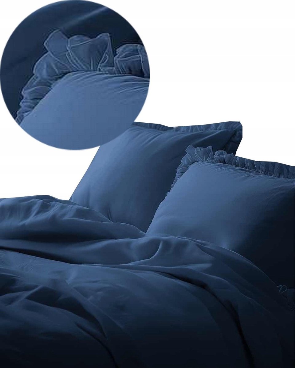 Boho Katoenen Dekbedovertrek met Ruches 220x200cm - Denim Blauw