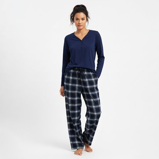 Ensemble pyjama femme La- V avec pantalon en flanelle à carreaux et col V avec boutons - Bleu foncé M