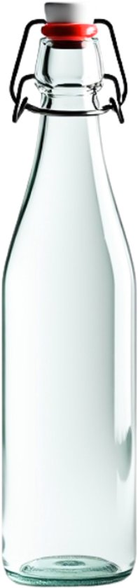 Een lege glazen beugelfles met een witte porseleinen dop en zilverkleurig metaal.
