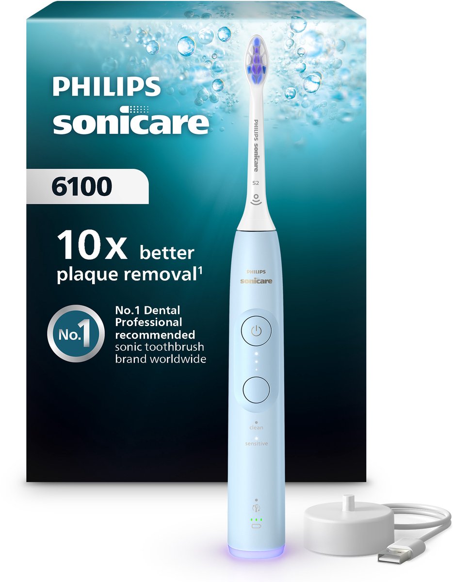 Philips Sonicare 6100 series - Elektrische Tandenborstel – Lichtblauw - Sensitive opzetborstel - Gevoelige tanden - HX7406/01