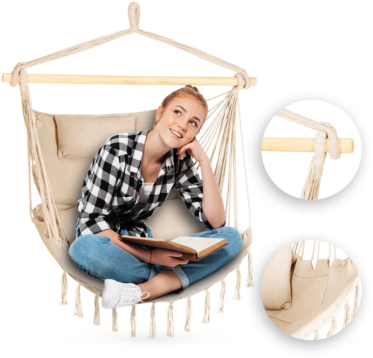 Outtec® Hangstoel met 3 Kussens - 100x130x75cm, tot 140 kg - Boho Fringed Fauteuil, Zitzak, Schommel - voor Buiten, Tuin, Balkon, Huis