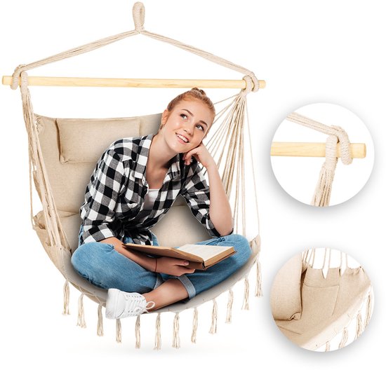 Hangstoel 100 x 130 x 75 cm, tot 150 kg, outdoor stoel met kussen, zitzak om op te hangen, schommel voor tuin en kamer, boho, franjes, Braziliaanse stoel, grijs