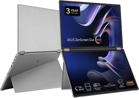 Draagbare ASUS ZenScreen Duo OLED monitor 14” dubbel scherm 1920×1200 FHD 360° inklapbaar HDR400