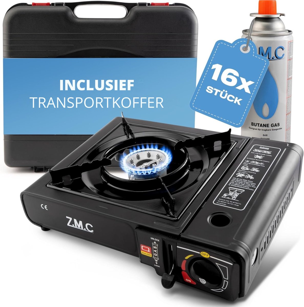 Z.M.C gasfornuis met 1 pit incl. adapter voor LPG + opbergkoffer Campingfornuis set met gaspatronen 227 g en grillplaat naar keuze, voor buiten en binnen, campinggasfornuis met piëzo-ontsteking