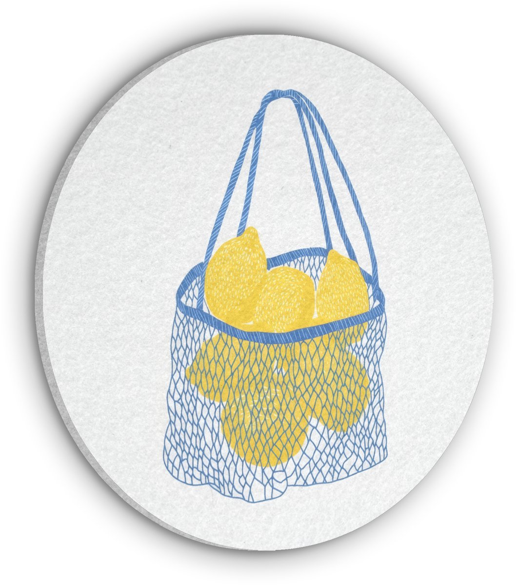 Akoestisch wandpaneel rond 30x30 cm - Vilt schilderij Tas - Blauw - Citroenen - Illustratie - Ronde akoestische panelen - Geluidsdempende wanddecoratie - Geluidsisolatie wandcirkel - Muurdecoratie geluidspanelen