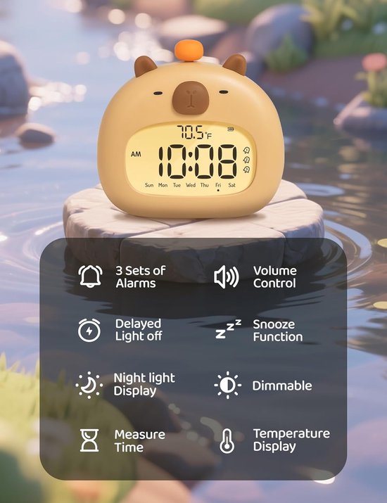 Kinderwekker met nachtlampje, oplaadbaar, luide wekker, schattige kawaii digitale wekker voor de slaapkamer, snoozefunctie, 3 alarmen — afbeelding 3