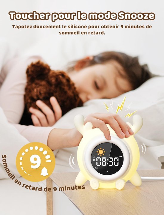 Educatieve wekker voor kinderen met 2 alarmen voor dag en nacht, 12/24-uurs snooze-functie, instelbare schermhelderheid, 7-kleurige verlichting, 10 liedjes, automatische uitschakeling en rendiervorm — afbeelding 3