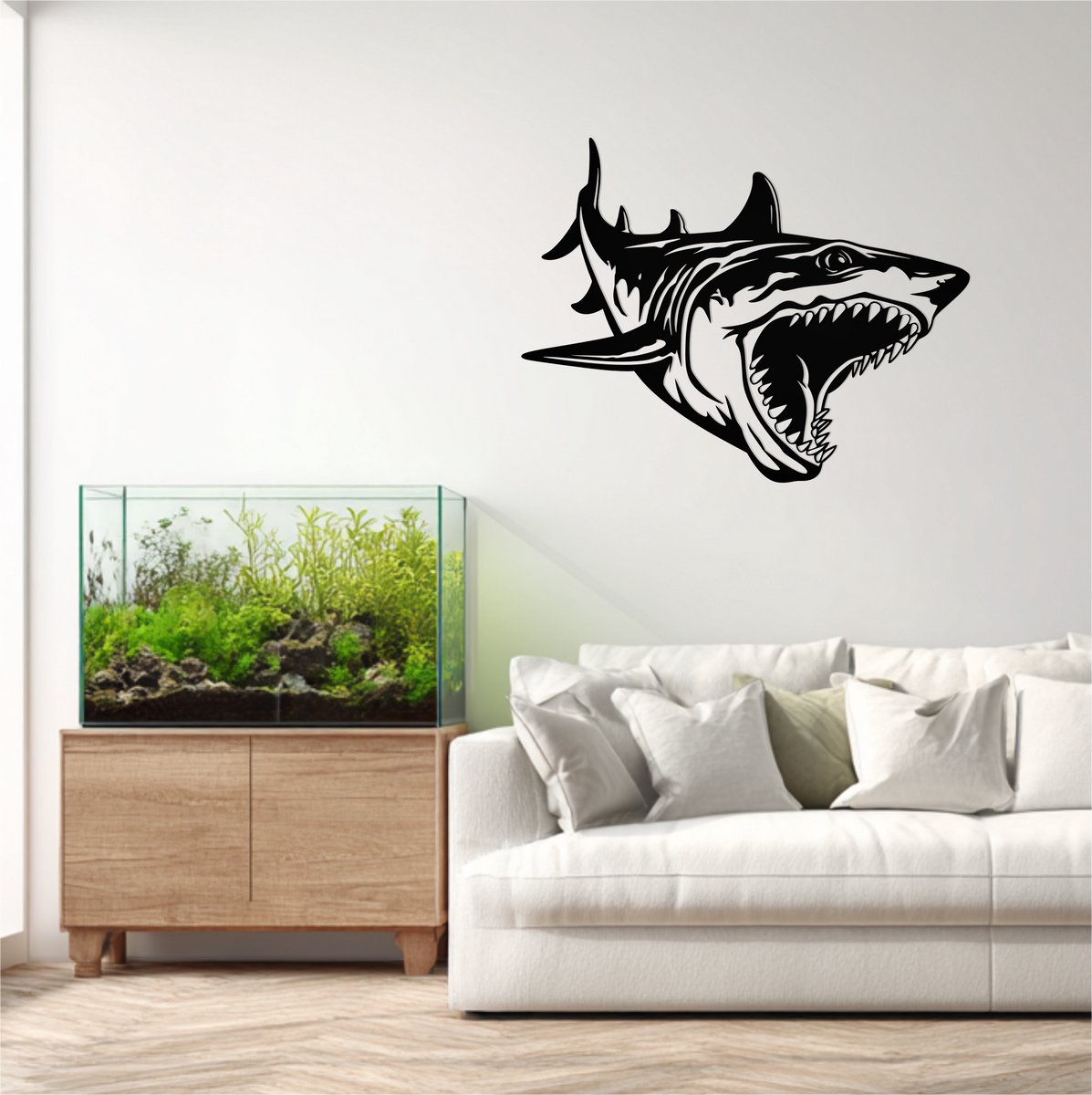 Shark attack – wanddecoratie – Laser gesneden – zwart mdf – 60x41cm - Moderne Muurdecoratie