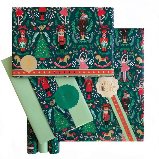Vrolijk en stevig inpakpapier Kerst - 17-delige inpakset met dubbelzijdig cadeaupapier, cadeaustickers en cadeaulint