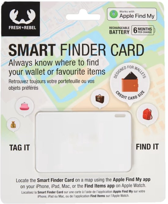 Smart Finder Card tracker voor sleutels portemonnee tas smartphone, werkt met Apple Zoek Mijn app, dun pasformaat