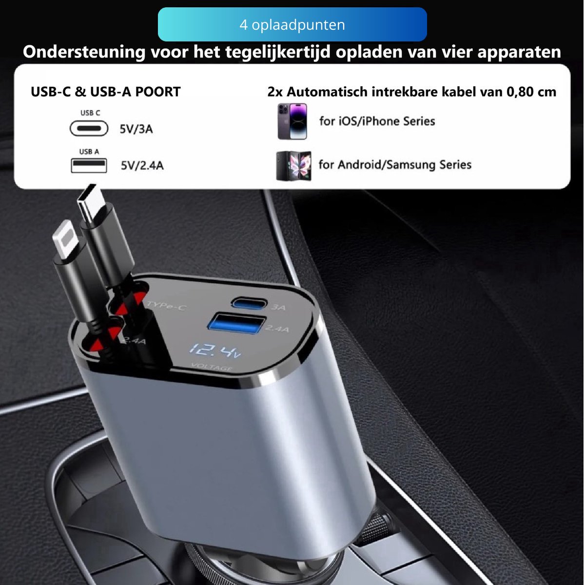 Leba 120W 4-in-1 Autolader USB-C & Lightning thumbnail 2
