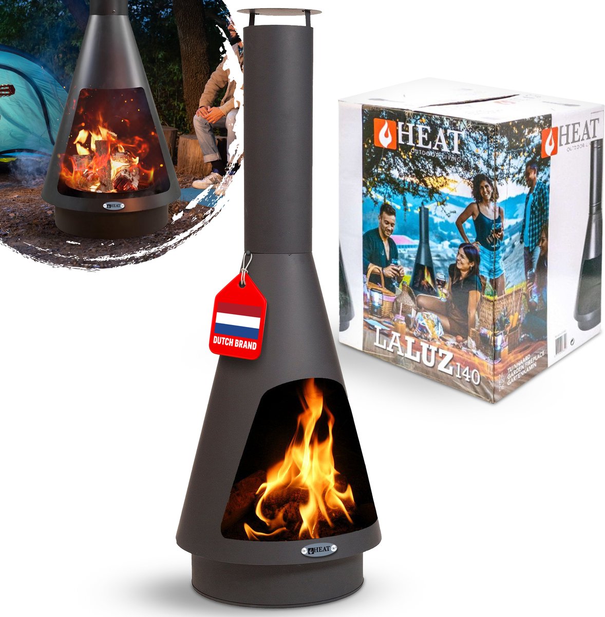 HEAT Outdoor Living Tuinhaard La Luz 140 - Staal - Zwart - Terrashaard - Tuinkachel - Elegante Kachel met Houtopslag - Voor gezellige avonden met vrienden en familie - 50x50x140 cm