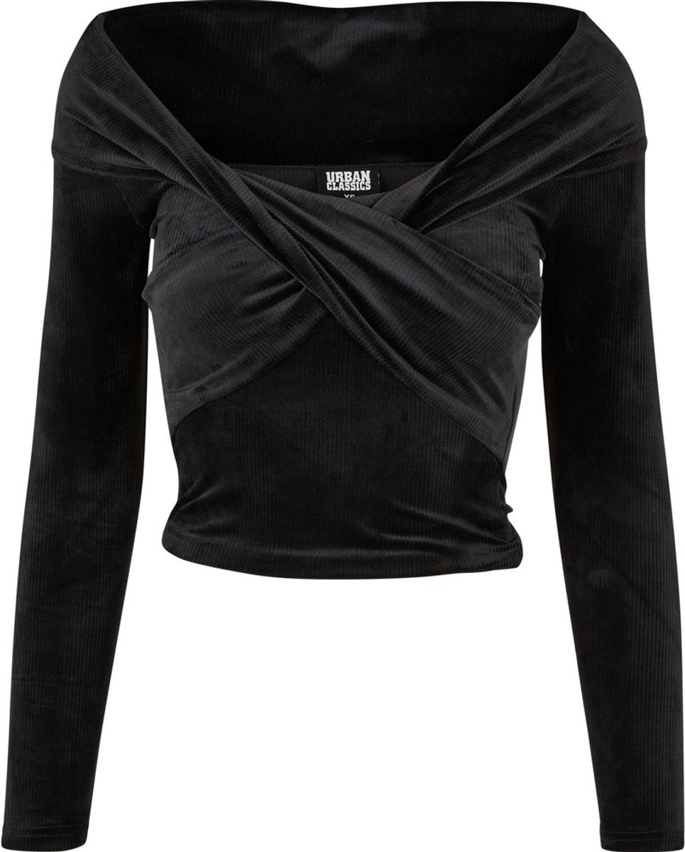 Urban Classics Velvet Rib Crossed Off shoulder top M Zwart