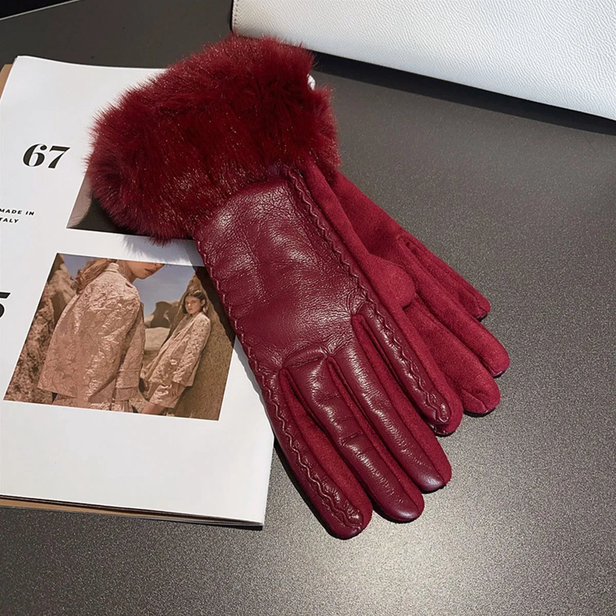 Warme dames winterhandschoenen PU leer – Thermische gevoerde handschoenen met bont Winterhandschoenen voor vrouwen Bordeauxrood