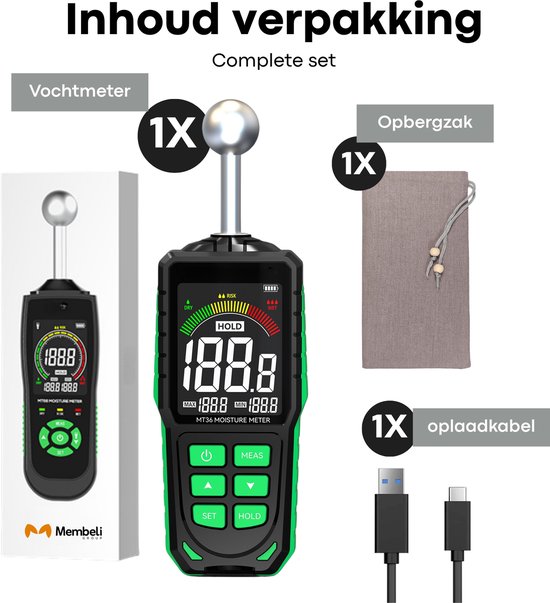 Complete set van de Membeli vochtmeter: vochtmeter, opbergzak en oplaadkabel.