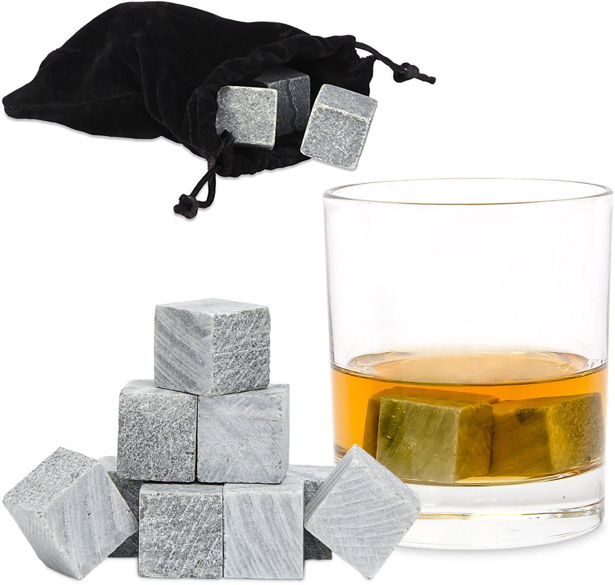 90x whiskey stenen - whiskey stones grijs - ijsklontjes smaakloos - stofzak