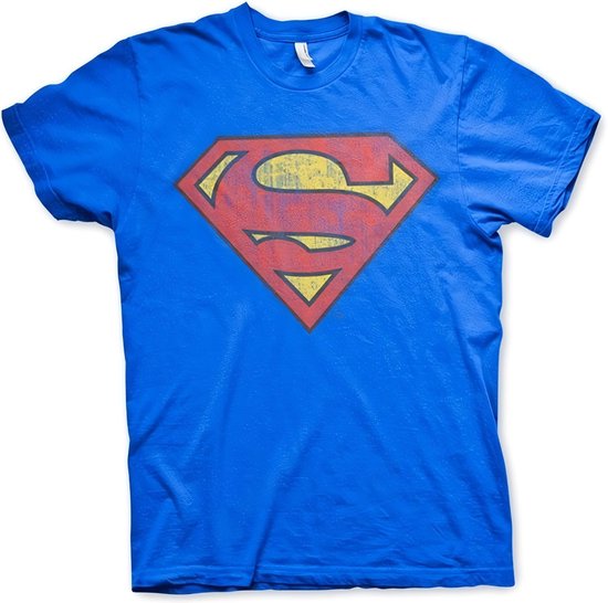 Blauw Superman T-shirt met rood en geel Washed Shield logo.