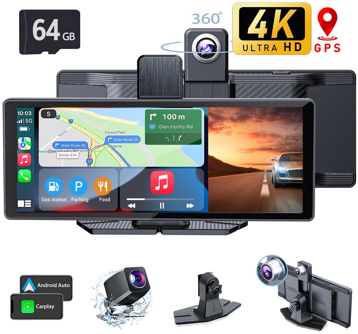IBETTERTEC - Dashcam Auto - Autocamera - Camera Carplay met GPS-navigatieapparaat Dashcam 64 GB-kaart - WLAN (Wi-Fi) - Apple CarPlay - Android Auto - 26 cm (10,26 inch) - voor auto's - vrachtwagens - personenauto's - campers - autoradio-touchscreen 5