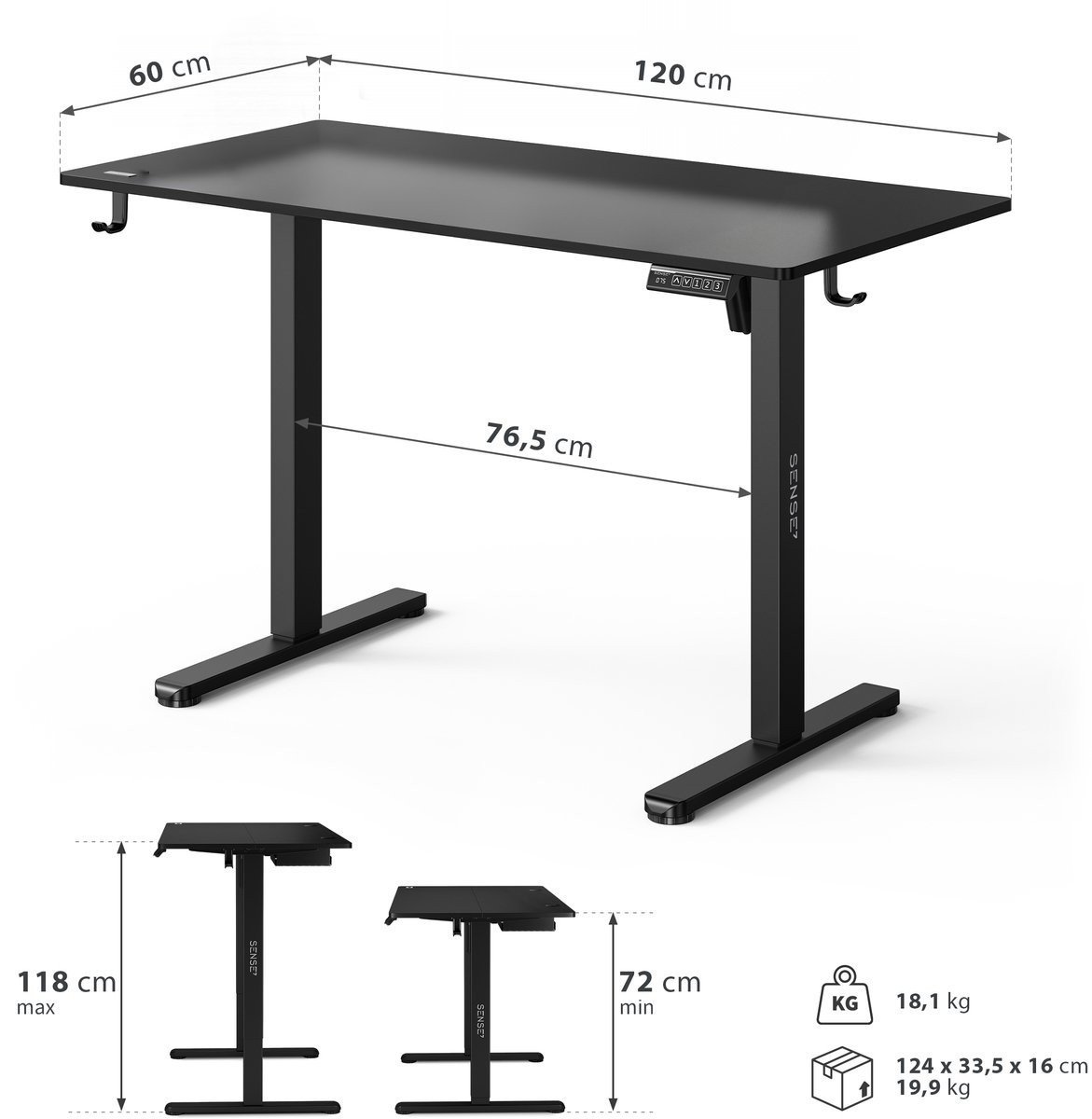 SENSE7 NOJO LIGHT - Zit Sta Bureau - 120 cm x 60 cm - Elektrisch bureau - Verstelbare bureau - Elektrische Hoogteverstelling - Hoogte 72-118 cm - Intelligent Bedieningspaneel - Zwart thumbnail 2