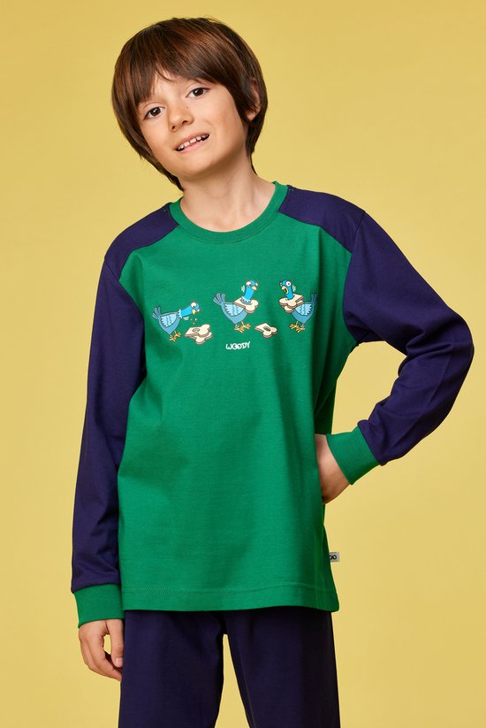 Pyjama garçon à manches longues vert et bleu marine. Le devant présente un imprimé de trois oiseaux bleus avec le texte "WOODY".