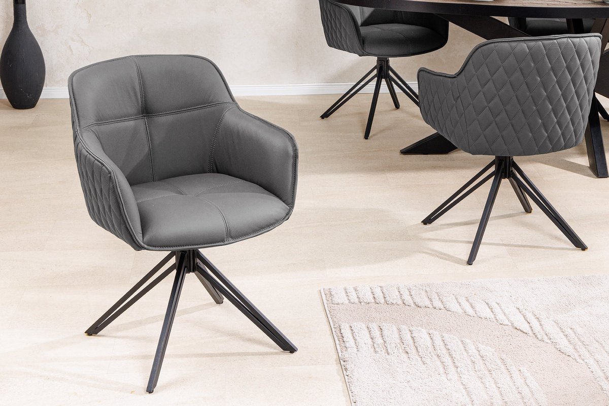 Draaibare designstoel EUPHORIA Grijs echt leer zwart metalen frame met armleuning - 45860