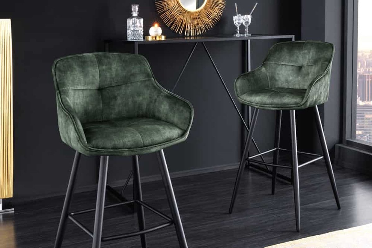 Design barkruk EUPHORIA groen fluweel zwart metalen poten barstoel met rugleuning - 43688