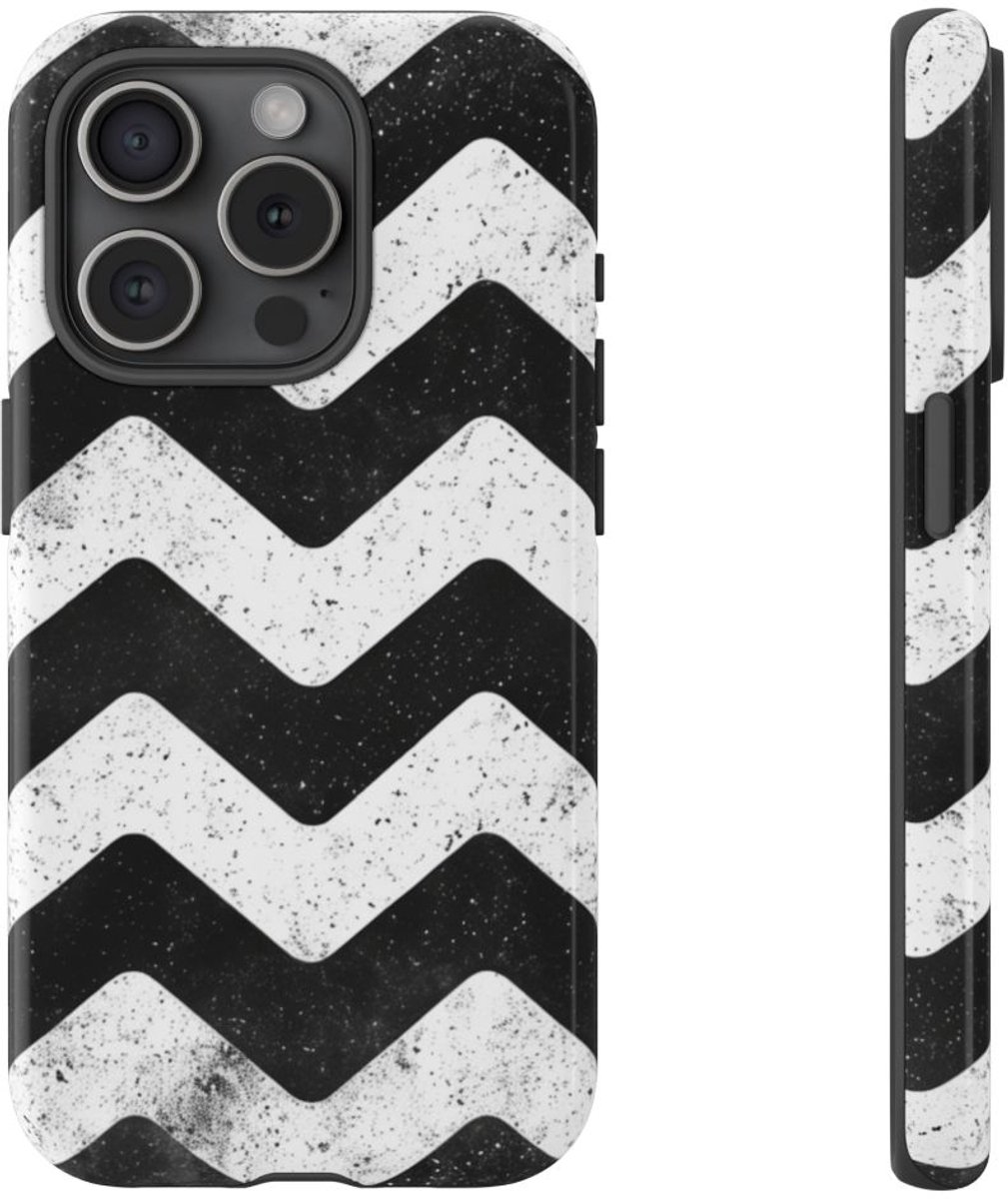 Zwart-Wit Zigzagpatroon met Vintage Effect – Telefoonhoesje Geschikt voor iPhone 15 Pro