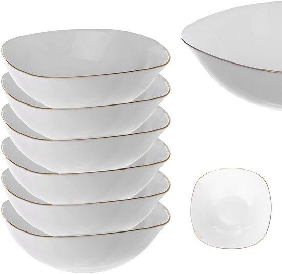 KADAX Witte glazen kom, slakom, set kom, hoekige, witte, magnetronbestendige ontbijtkom, serveerschaal voor salades, soepen, voorgerechten, fruit (15 cm, 6 stuks