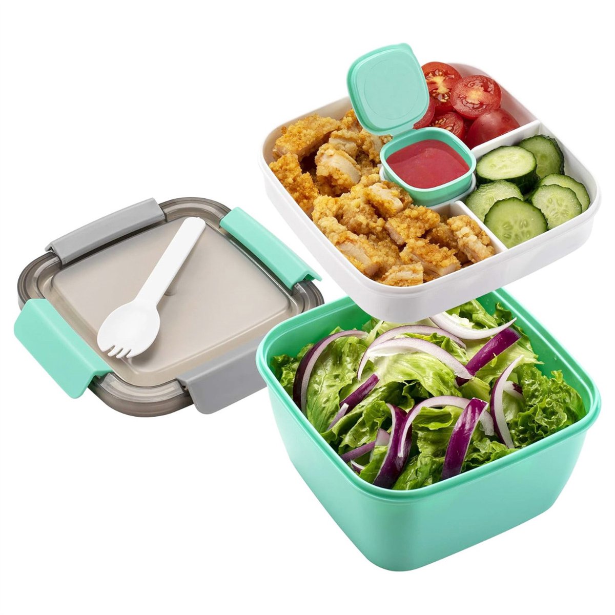 Peysaitr - Lunchbox - Bento Box – met 3 vakken - met Sausbakje – Lekvrij – Voor werk & studenten – BPA vrij – Groen – 1,1L – 15,4x15,4x8,6cm – 1 stuk