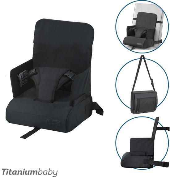 Titaniumbaby Stoelverhoger Seat2Go Black/Veranderd eenvoudig een eetkamerstoel in een kinderstoel/Inklapbaar en eenvoudig mee te nemen/Opbergvak aan de onderzijde