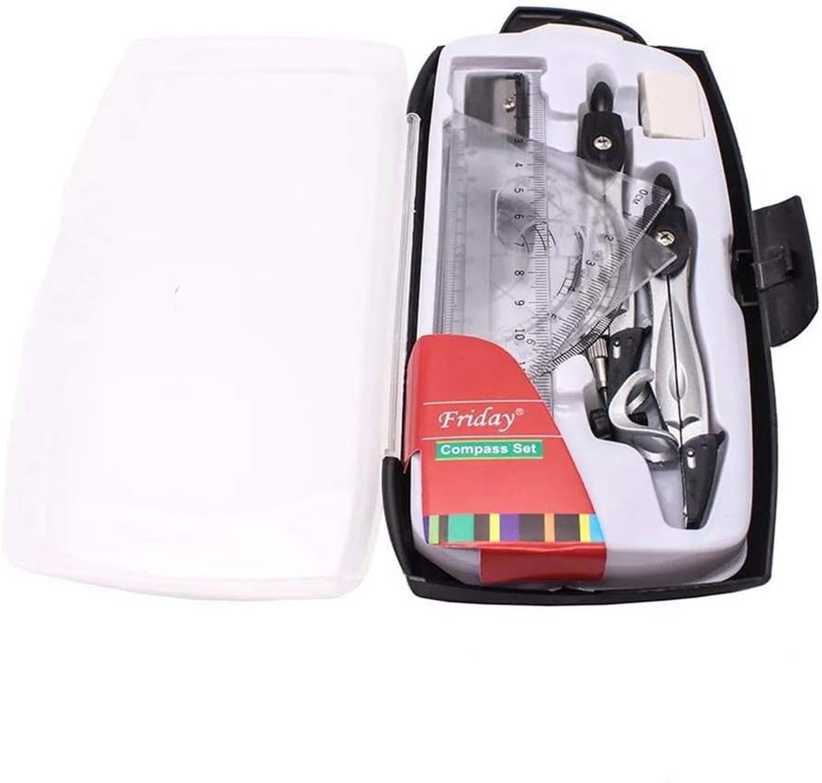 Wiskunde School Set 10-in-1 – Passer – Geodriehoek – Liniaal – Hoekmeter – Potlood – Gum – Puntenslijper – Complete set – Geometrie Set – Zwart