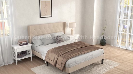 Lit rembourré Xbro 140 x 200 cm avec tête de lit et sommier à lattes, lit double avec rangement de 20 cm, montage facile