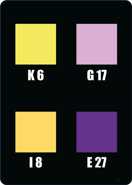 Vier kleurkaarten met letters en cijfers: K 6 geel, G 17 lila, I 8 mosterdgeel, E 27 paars.