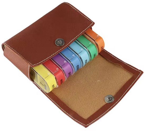 CHPN - Pilulier 7 jours - Boite à médicaments - 4 compartiments - Pilulier - Etui - 7 plateaux - Tri des médicaments - Multicolore - Sachet marron