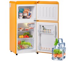 Retro koelkast. Vriescombinatie. 86,8 cm hoog, 45,5 cm breed, tweedeurs, met een totaal volume van 60 liter en een vriescapaciteit van 22 liter. 102 kWh/jaar, -27°C ~ 13°C, led-verlichting. Premium geel energieklasse E