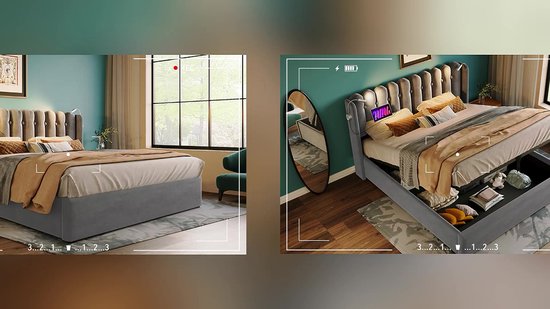 HAUSS SPOLE Gestoffeerd Bed 160x200cm - Tweepersoonsbedden met USB-Oplader en Leslamp - Met Opbergruimte - Fluweel - Grijs(Geen matras)