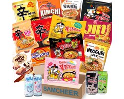 SAMCHEER Korean Ramen Snack Box - Samyang Buldak Carbonara - Nongshim Pikante Koreaanse Noedels - Kimchi Ramen - Rice Crackers - Bubble MilkTea - 20-delig box