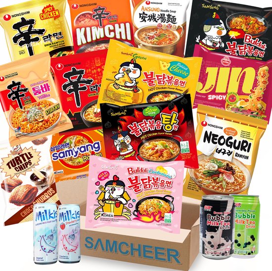 SAMCHEER Korean Ramen Snack Box - Samyang Buldak Carbonara - Nongshim Pikante Koreaanse Noedels - Kimchi Ramen - Rice Crackers - Bubble MilkTea - 20-delig box