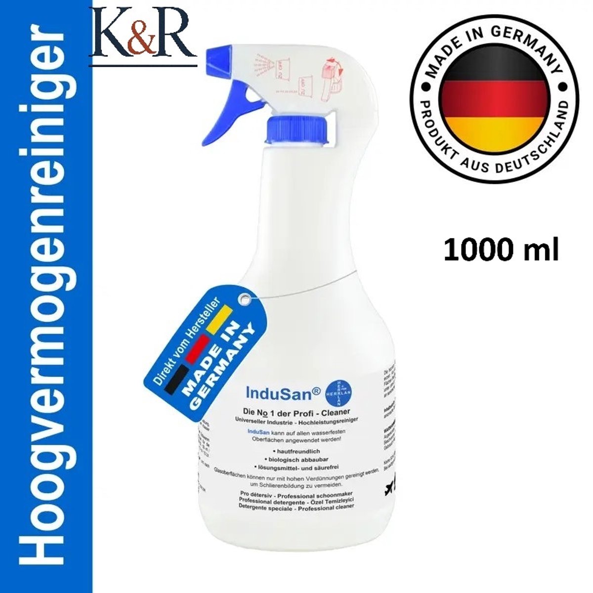 K&R Ventures® InduSan Schoonmaakconcentraat – 1000ml – Industrieel Multifunctioneel Reinigingsmiddel met neutrale geur – Krachtig tegen Vuil, Zacht voor Oppervlakken