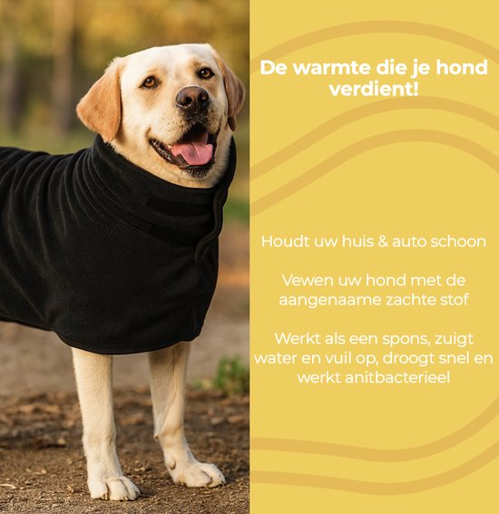 Labrador met zwarte badjas, met tekst over warmte, reinheid en sneldrogen.